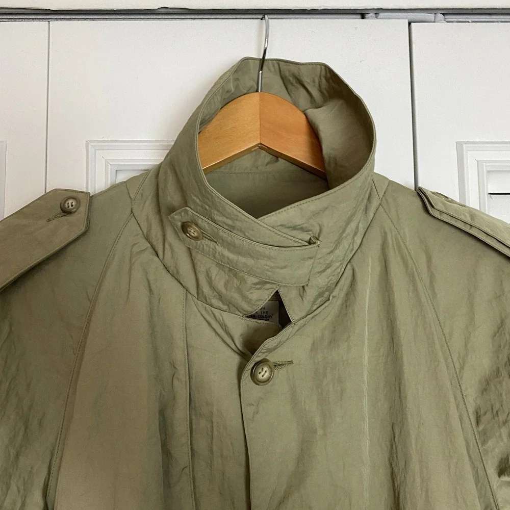 VTG Banana Republic Nylon Trench Coat Mens S Olive Green Duster Epaulets Long